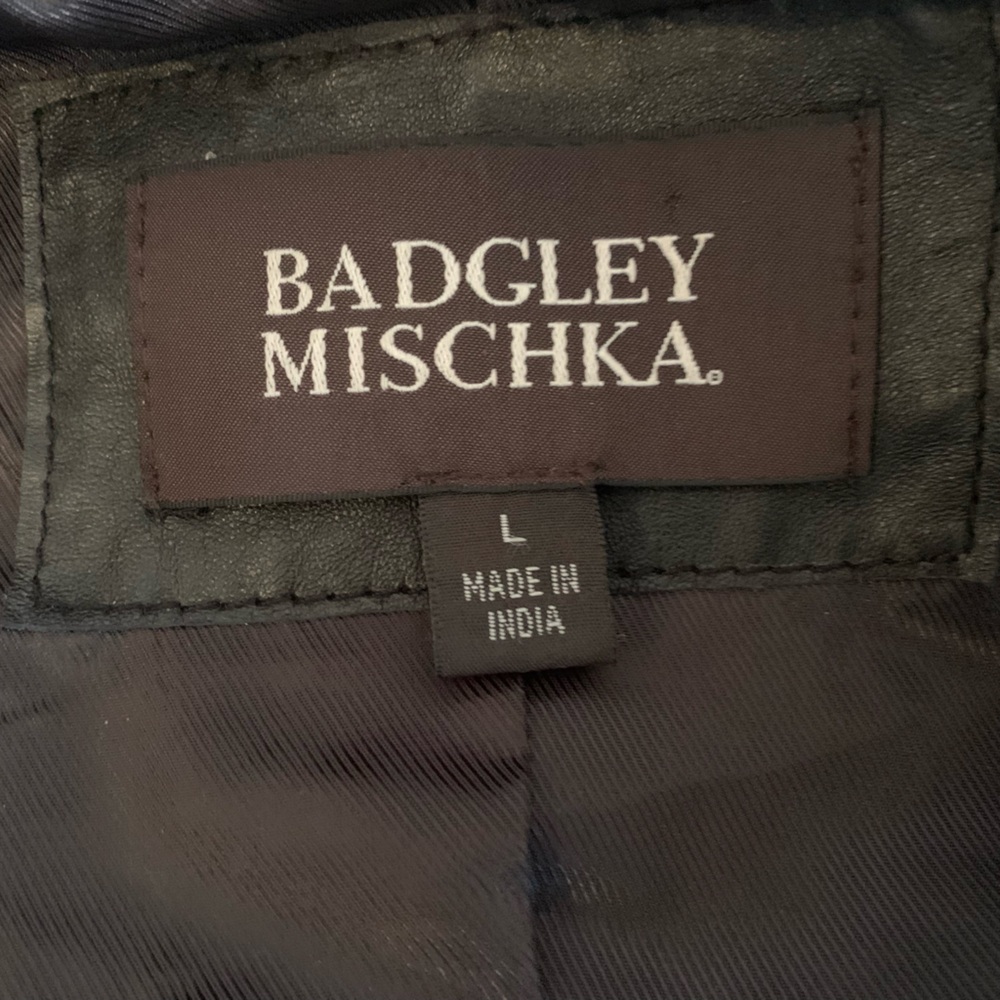 NWOT Badgley Mischka Black Leather Moto Jacket w/Lamb Fur Collar - Picture 2 of 14